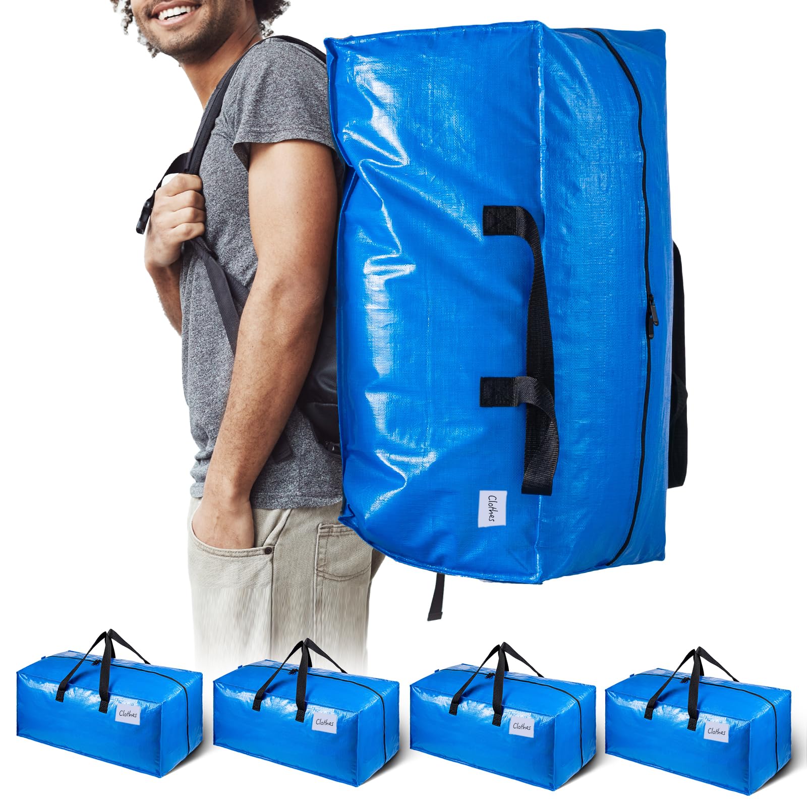 TAILI Heavy Duty Moving Bags, Cloth Storage Extra Large Tote Bag Container with Sturdy Zipper and Strong Handles, Blue, 4 Pack