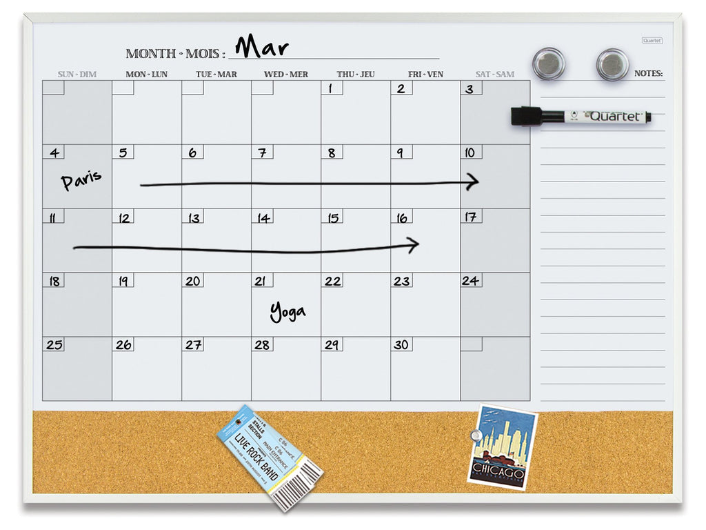 Quartet Slim Magnetic Combination Dry Erase Whiteboard Calendar & Corkboard - 23” x 17" Combo White Board & Cork Bulletin Board - Small Message Board for Wall - White Slim Aluminum Frame (6447415861)