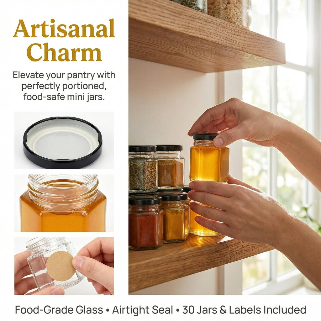 Tebery 30 Pack Mini Hexagon Glass Jars with Black Lids and Labels - 1.5oz Honey & Spice Jars for Gifts, Weddings, DIY