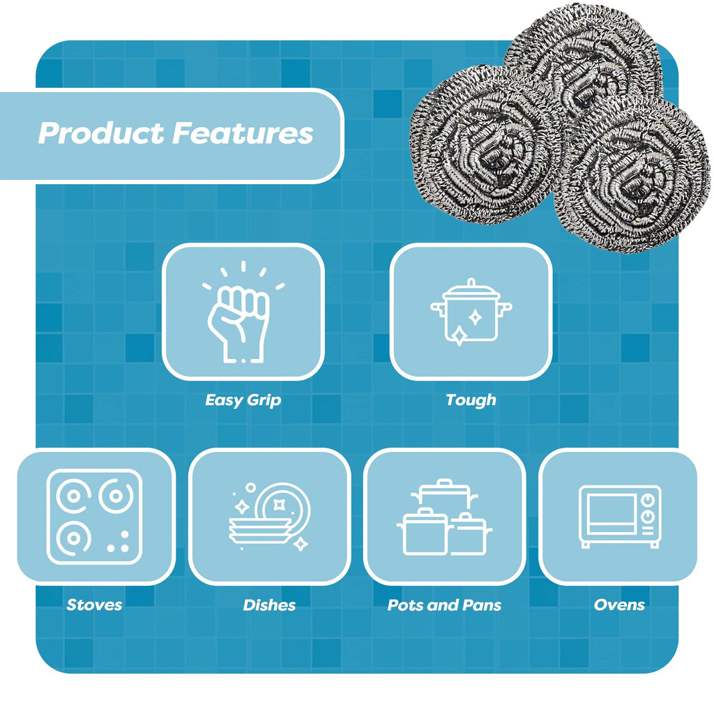 12 Pack Stainless Steel Scourers by Scrub It – Steel Wool Scrubber Pad Used for Dishes, Pots, Pans, and Ovens. Easy scouring for Tough Kitchen Cleaning. (XX Large (100 Gram))