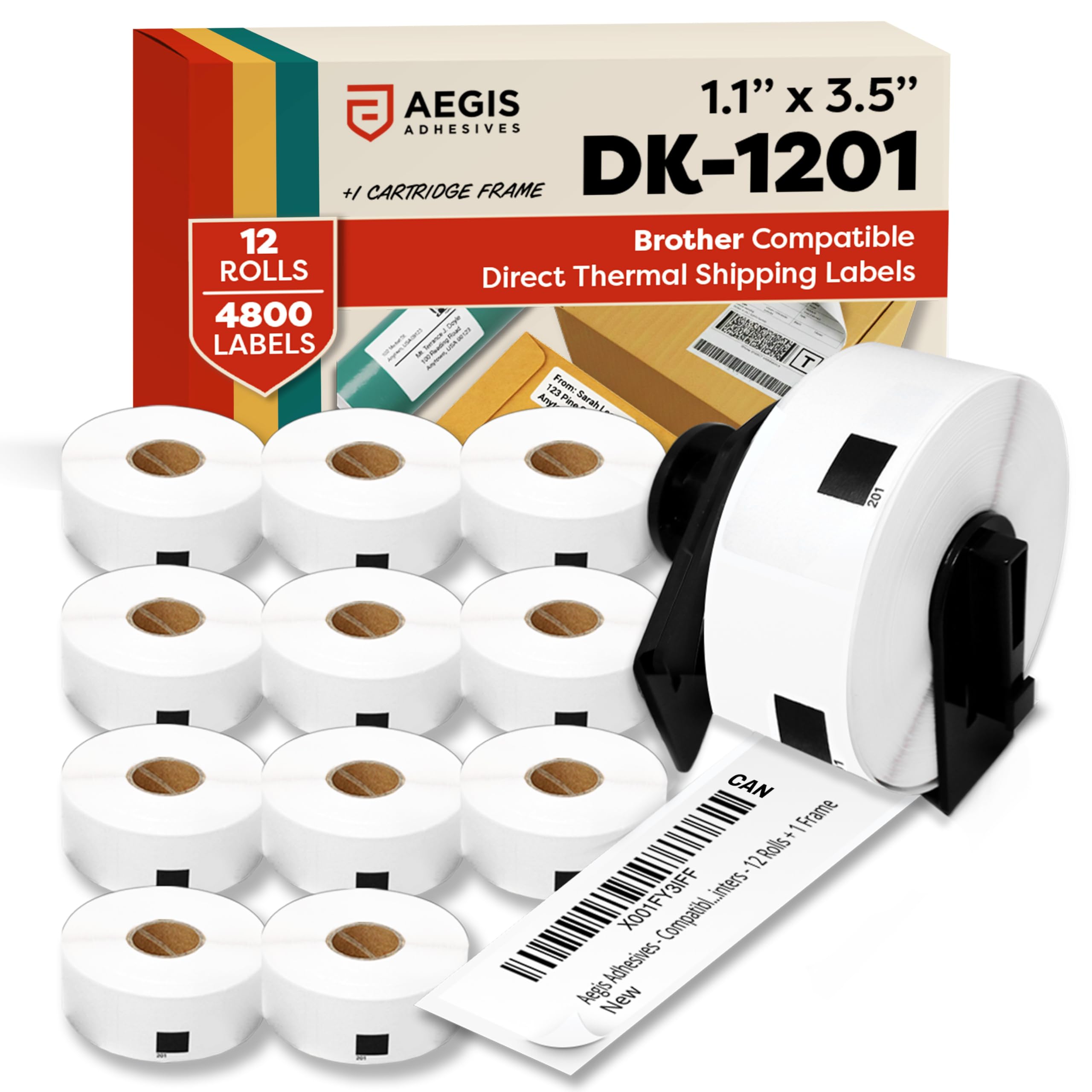 Aegis Adhesives - 1.1" X 3.5" Replacement for Brother DK-1201 (12 Rolls, 1 Frame) Direct Thermal Address and Barcode Labels - Compatible with QL Label Printers