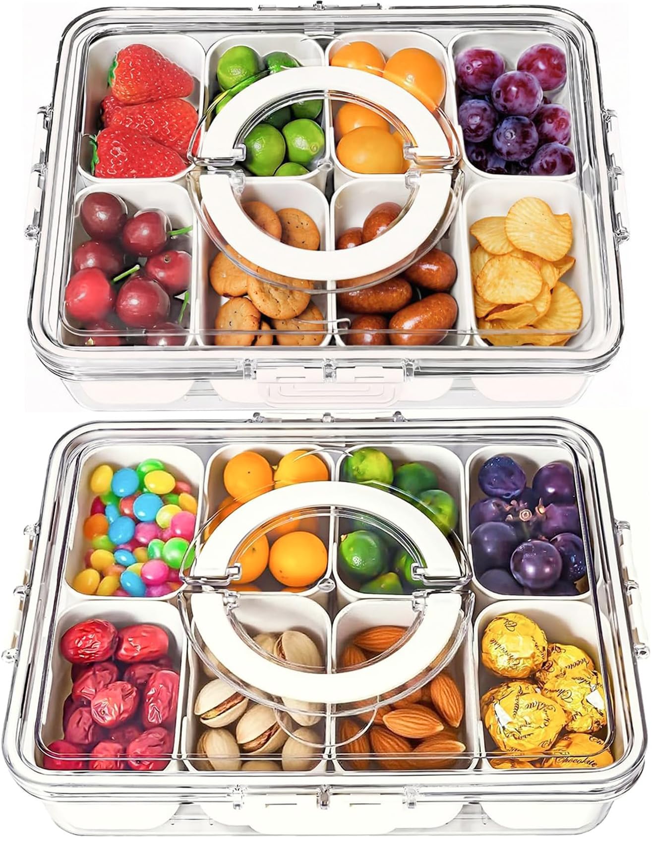 KIGITIONE 2 Pack Snackle Box Container, 8 Compartments Snack Box, Portable Serving Tray with Lid and Foldable Handle, Snack Organizer for Fruits, Snacks, Nuts, Veggies, Ideal for Travel & Picnics