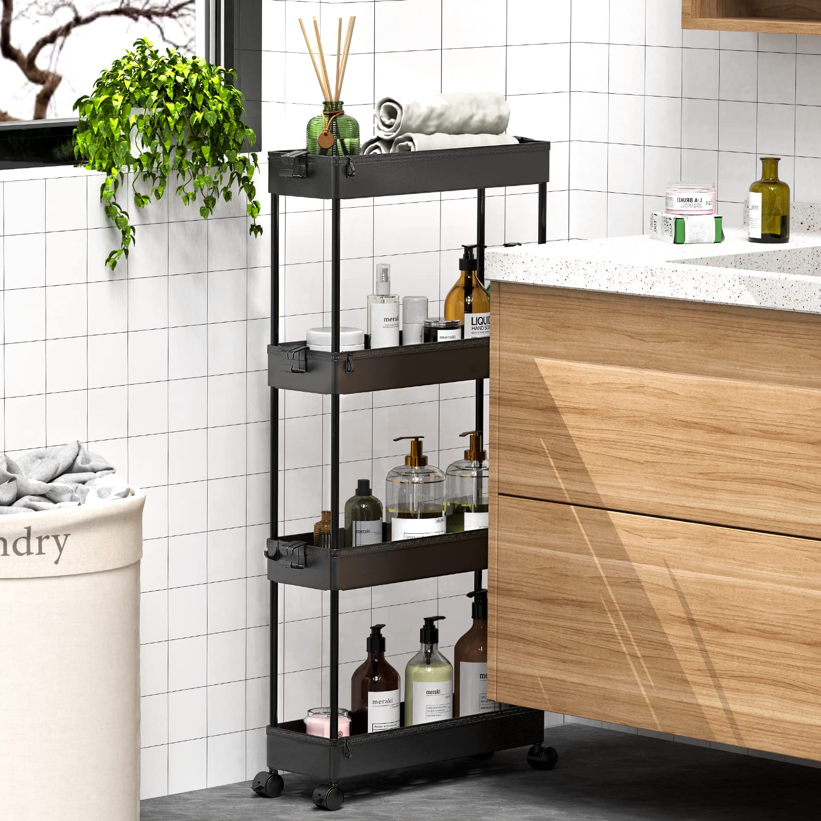 SPACEKEEPER Slim Rolling Storage Cart 4 Tier Bathroom Organizer Mobile Shelving Unit Storage Rolling Utility Cart Tower Rack for Kitchen Bathroom Laundry Narrow Places, Black
