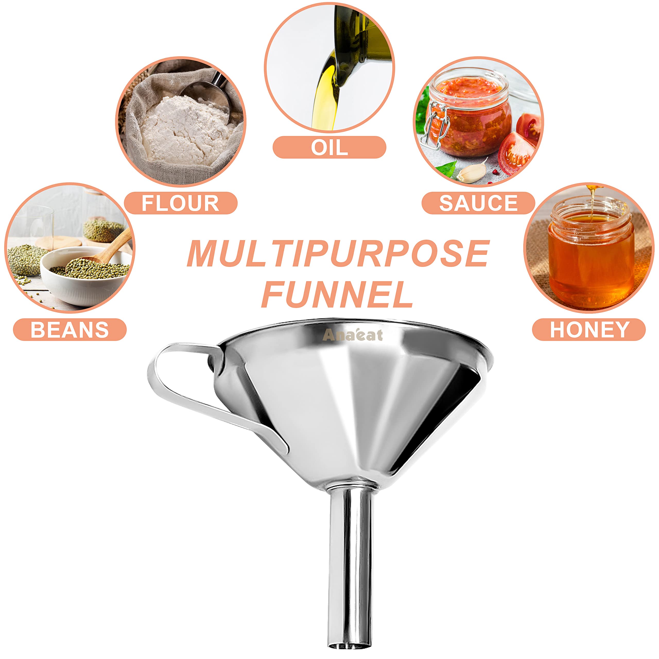 Anaeat 3 Pack Stainless Steel Kitchen Funnel Set, Multi-Use Premium Metal Food-Grade Cooking Funnels with 2 Removable Strainer Filter for Liquid or Dry Ingredients, Oils, Spices & Cleaning Brush