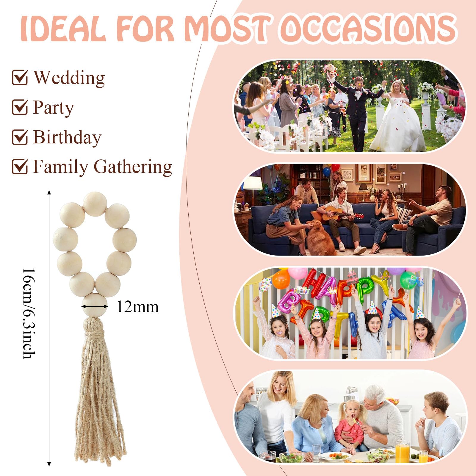 Supkiir 24 Pcs Wood Bead Napkin Rings, Bohemian Napkin Rings Wooden Napkin Ring Rustic Style Table Decor for Wedding Party Home Decoration