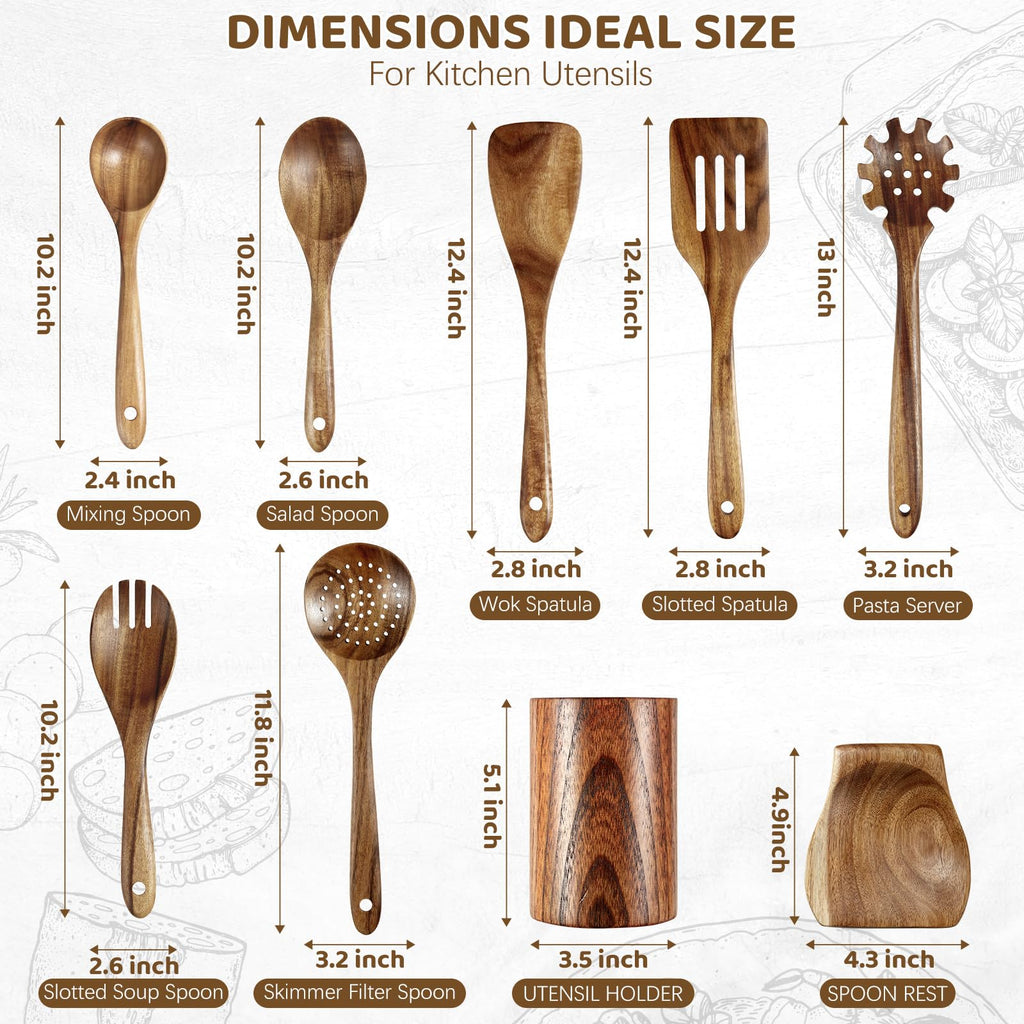 LSFCHUJU Wooden Spoons for Cooking - 10 Piece Natural Teak Wood Kitchen Utensil Set, Wooden Spoons Set with Holder, Spoon Rest & Hooks, Wooden Spatula Set with 7 Metal Hooks