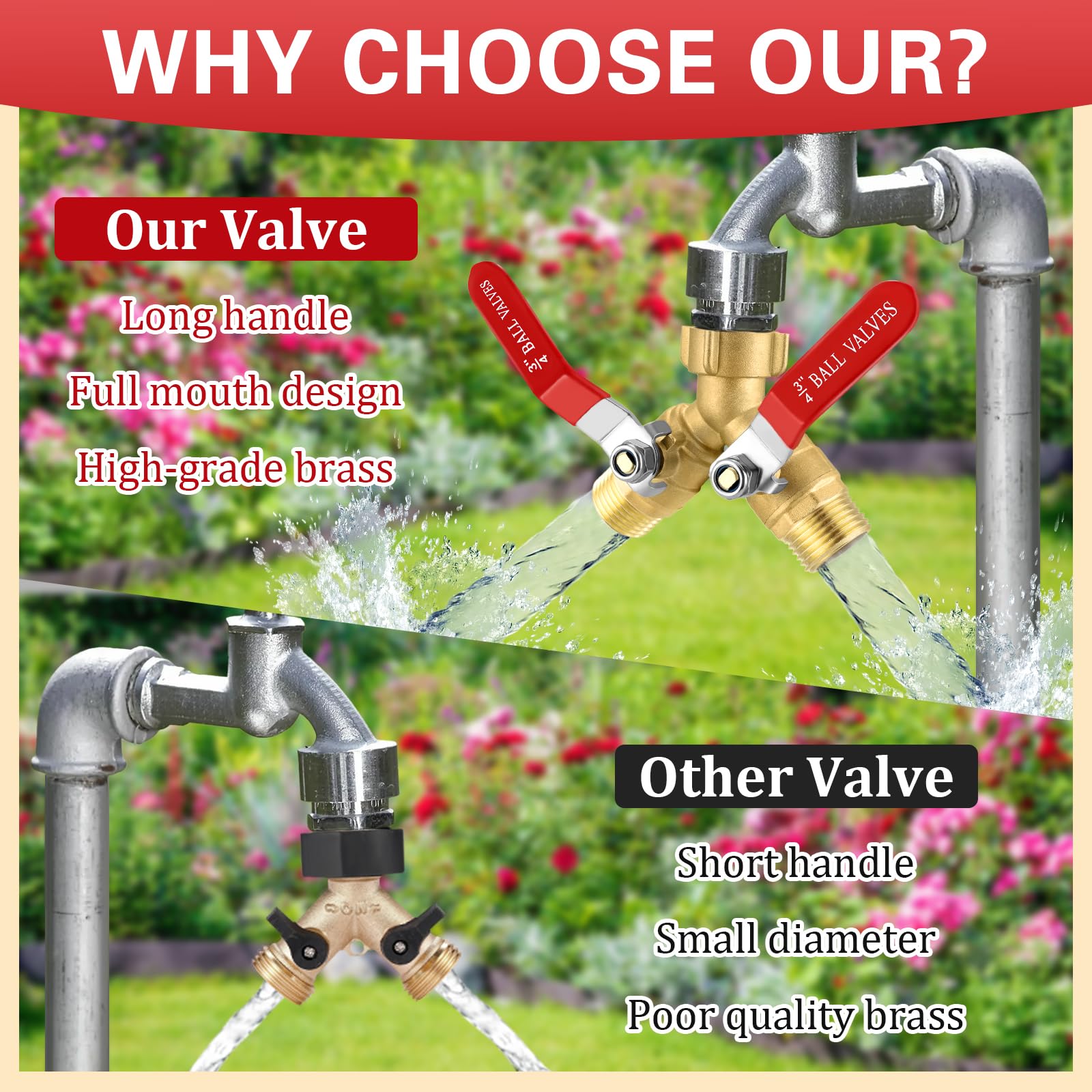 Garden Hose Splitter 2 Way, Heavy Duty Brass Water Hose Splitter with Stainless Steel Long Handle, 3/4" GHT Thread Garden Hose Y Splitter 2 Way, Full Flow Hose Splitter Connector