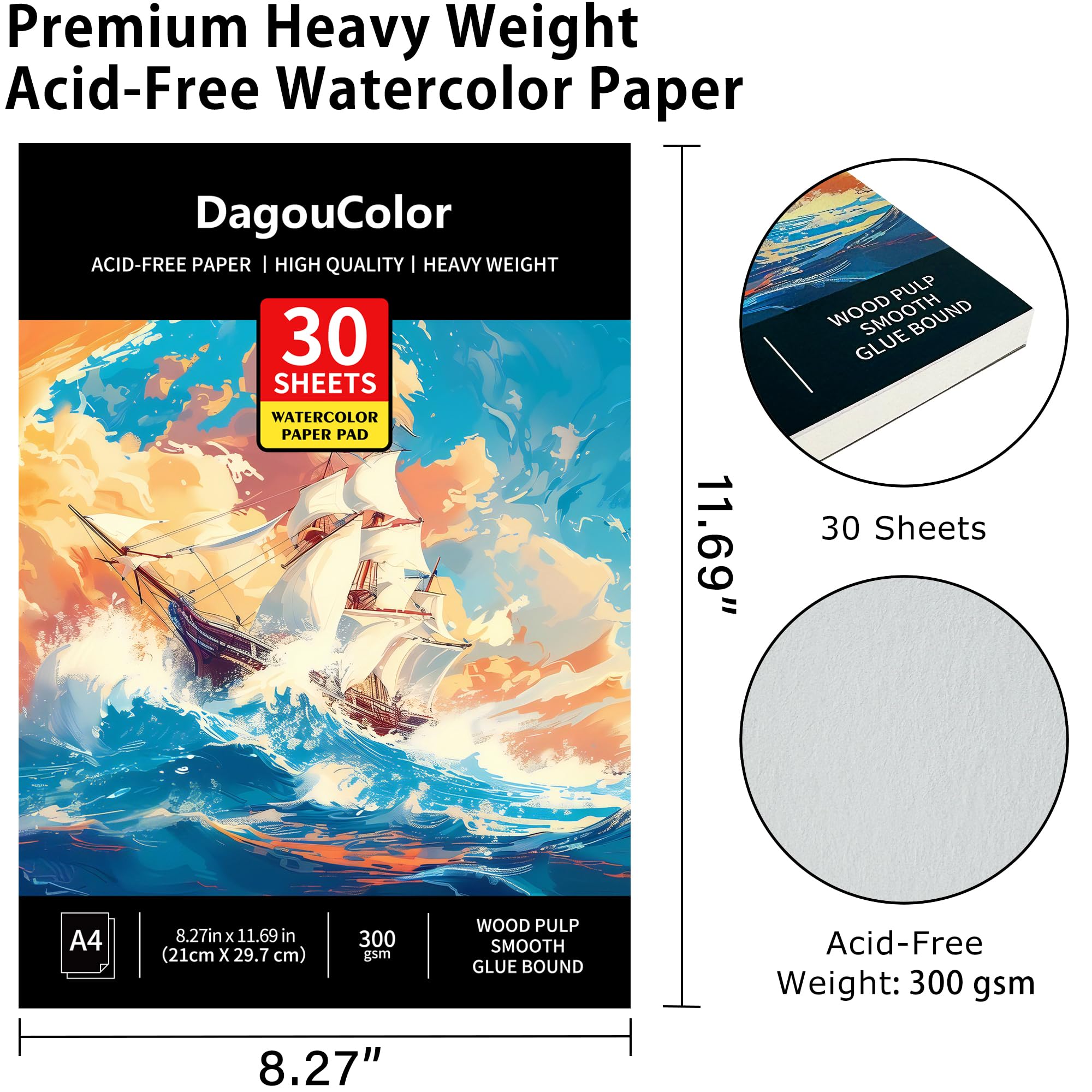 DagouColor Watercolor Paper Pad, A4, 2 Pack, 30 Sheets Each, 140lb/300gsm Cold-pressed Paper, Artist Book for Adults Kids, Painting, Drawing, Mixed Media