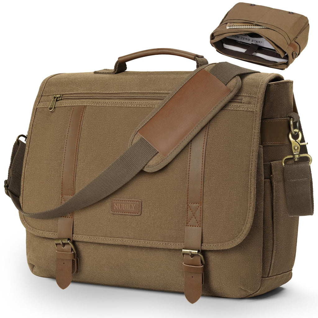 NUBILY Messenger Bag Men 15.6 Inch Laptop Bag Vintage Canvas Briefcase Retro Work Computer Bag Large Shoulder Bag Water Resistant Cross-Body Satchel Bag For Business Office College Travel，Brown