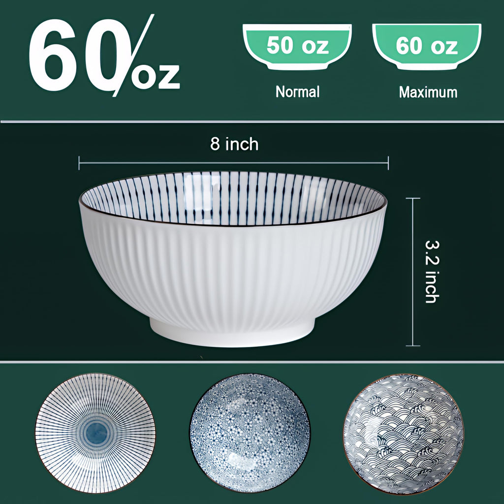 QINLANG 60 oz Large Soup Bowl, Pho Bowls, Japanese Ramen Bowls Set of 3, 8 in Blue and White Porcelain Big Bowls for Eating - 3 Mixing Patterns