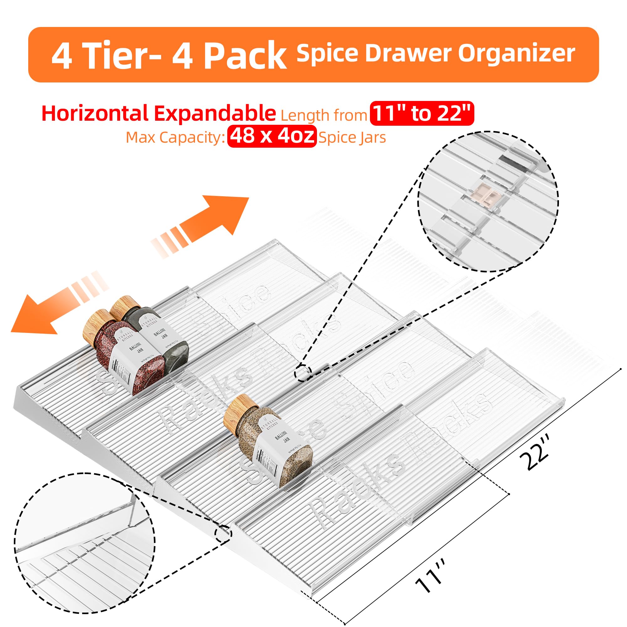 PanPanPal Spice Drawer Organizer, 4 Tier- 4 Pack Clear Acrylic Drawer Seasoning Organizer, Expandable From 11'' to 22'' Kitchen Spice Rack Organizers and Storage for Drawer (Jars not included)