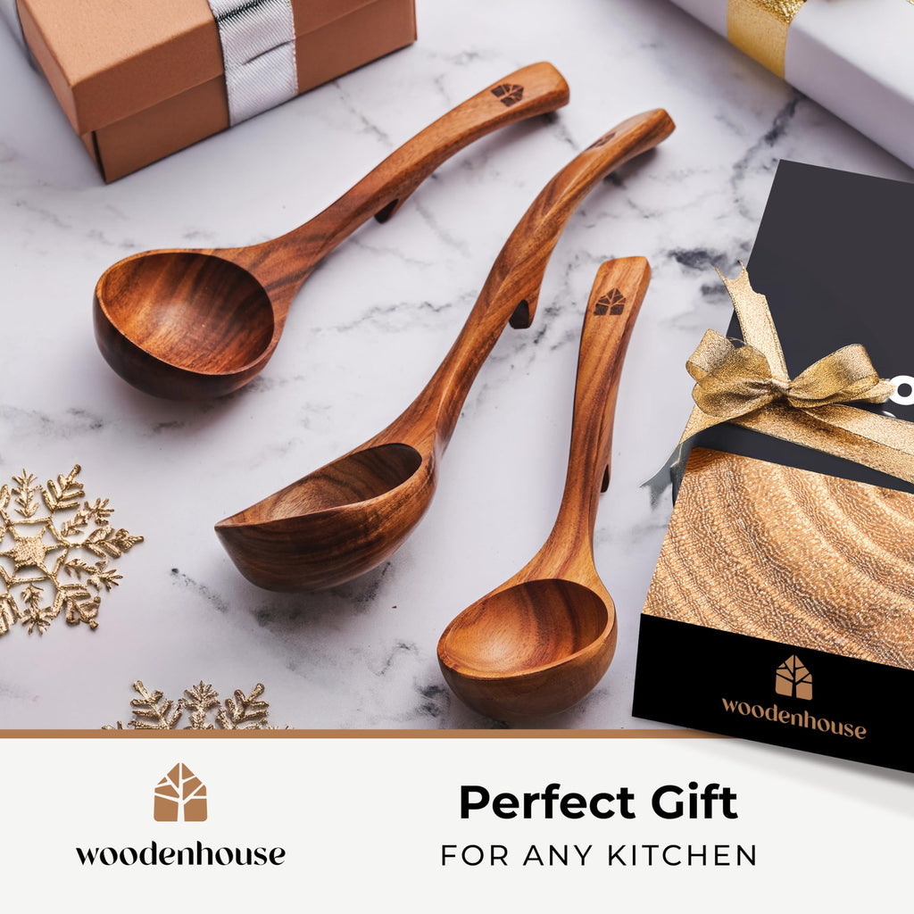 Wooden Ladle Spoon Set, 3 Size Teak Wood Kitchen Serving Spoon with Back Hooks for Pot & Bowl, Non-Stick Wooden Spoon Set for Cooking, Serving and Stirring