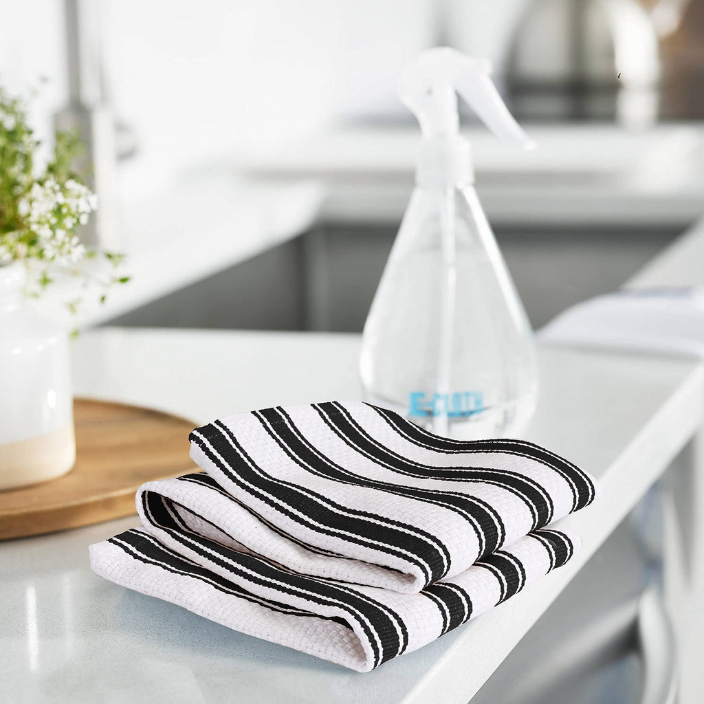 Cotton Clinic Set of 6 Vintage Stripe Cotton Kitchen Dish Towels 16x26, Tea Towels and Cleaning Towels, Kitchen Towels with Hanging Loop, Black White