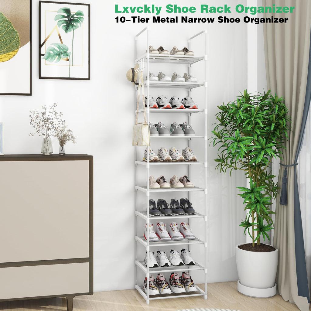 Lxvckly Shoe Rack 10-Tier Metal Narrow Shoe Organizer 20 Pairs Tall Shoe Storage Rack with Hook, Vertical Shoe and Boots Organizer, Shoe Shelf Organizer for Entryway Closet Hallway White