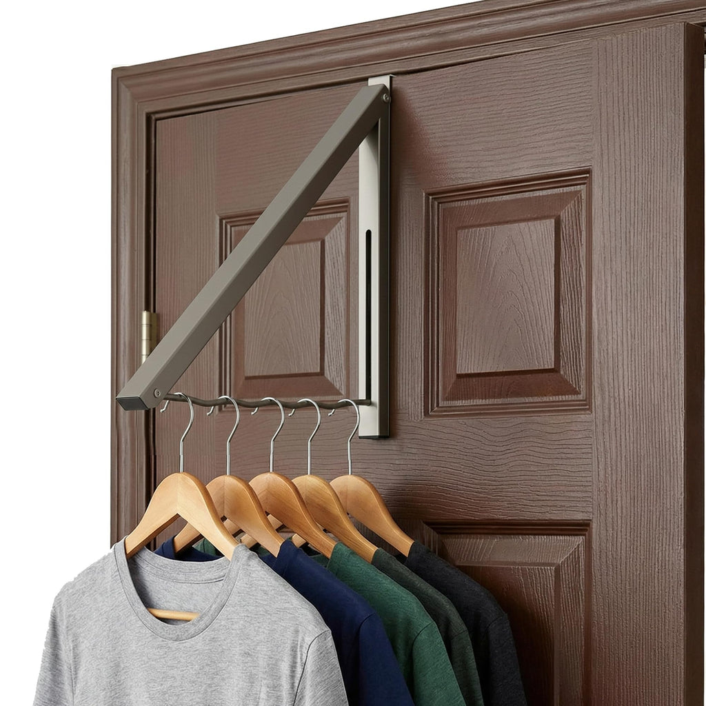 Over The Door Hanger - Closet Hanger Retractable Collapsible Folding Hanging Rack Organizer for Clothes & Towels Ideal for Bathrooms, Dorm Rooms Etc. - Satin Nickel (Includes one Hook)