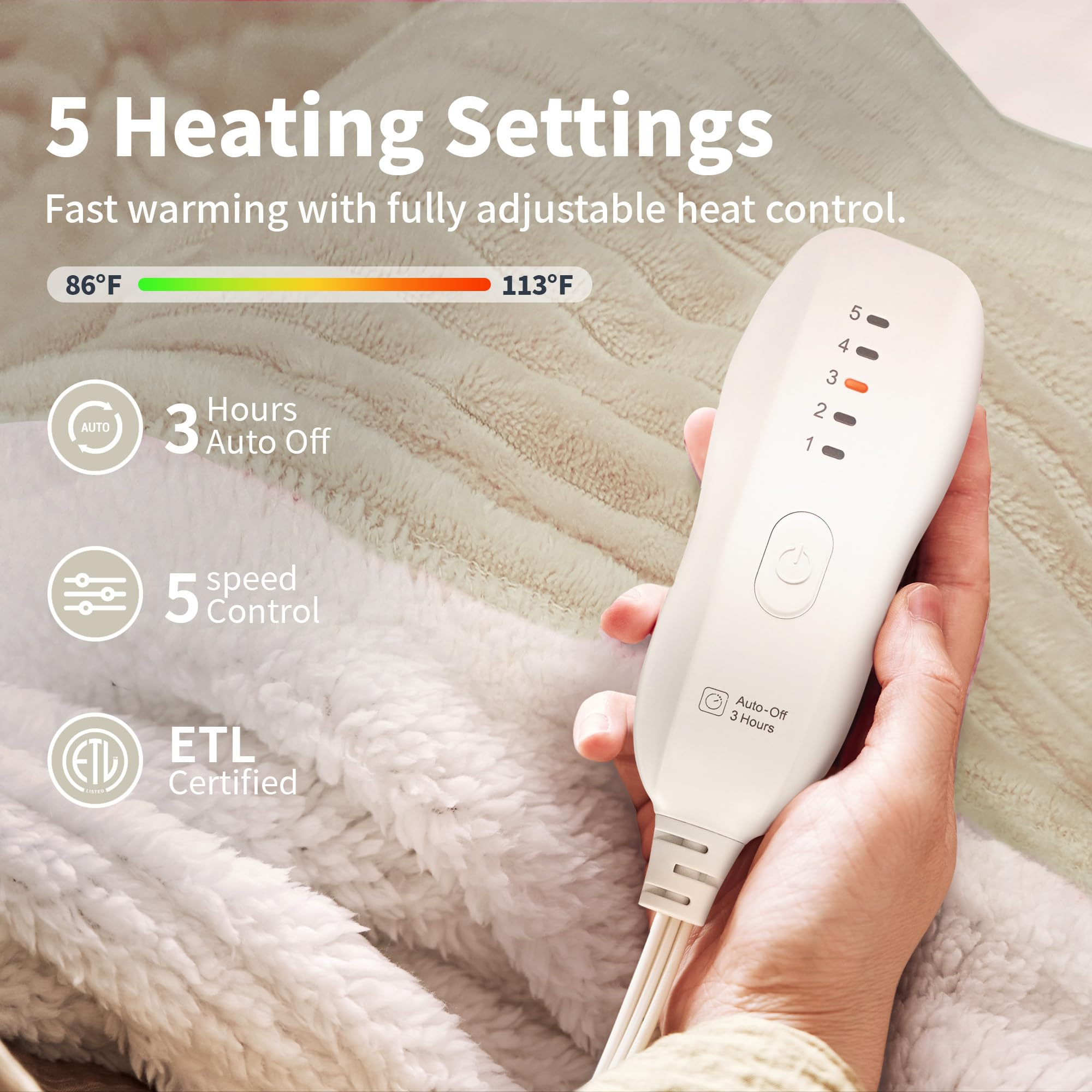 Heated Blanket Electric Blanket Throw 50”X60”-Heating Blanket with 5 Heat Settings-3 Hours Auto Off,ETL Certified,Machine Washable (Beige)