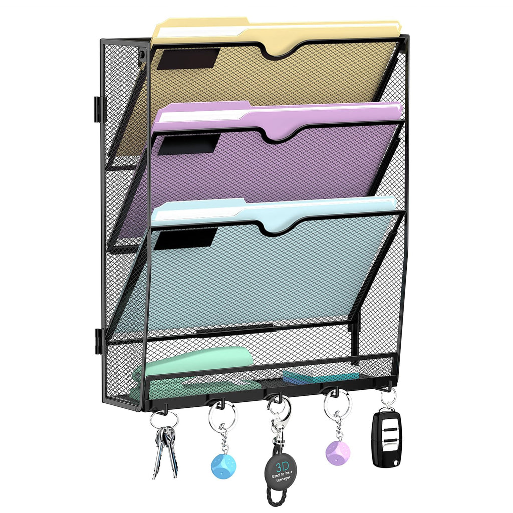 4 Tier Hanging Wall File Organizer with 5 Hooks, Mesh Wall File Holder Vertical Paper Organizer for Mail, Folders, Magazines, Bills, Office and School