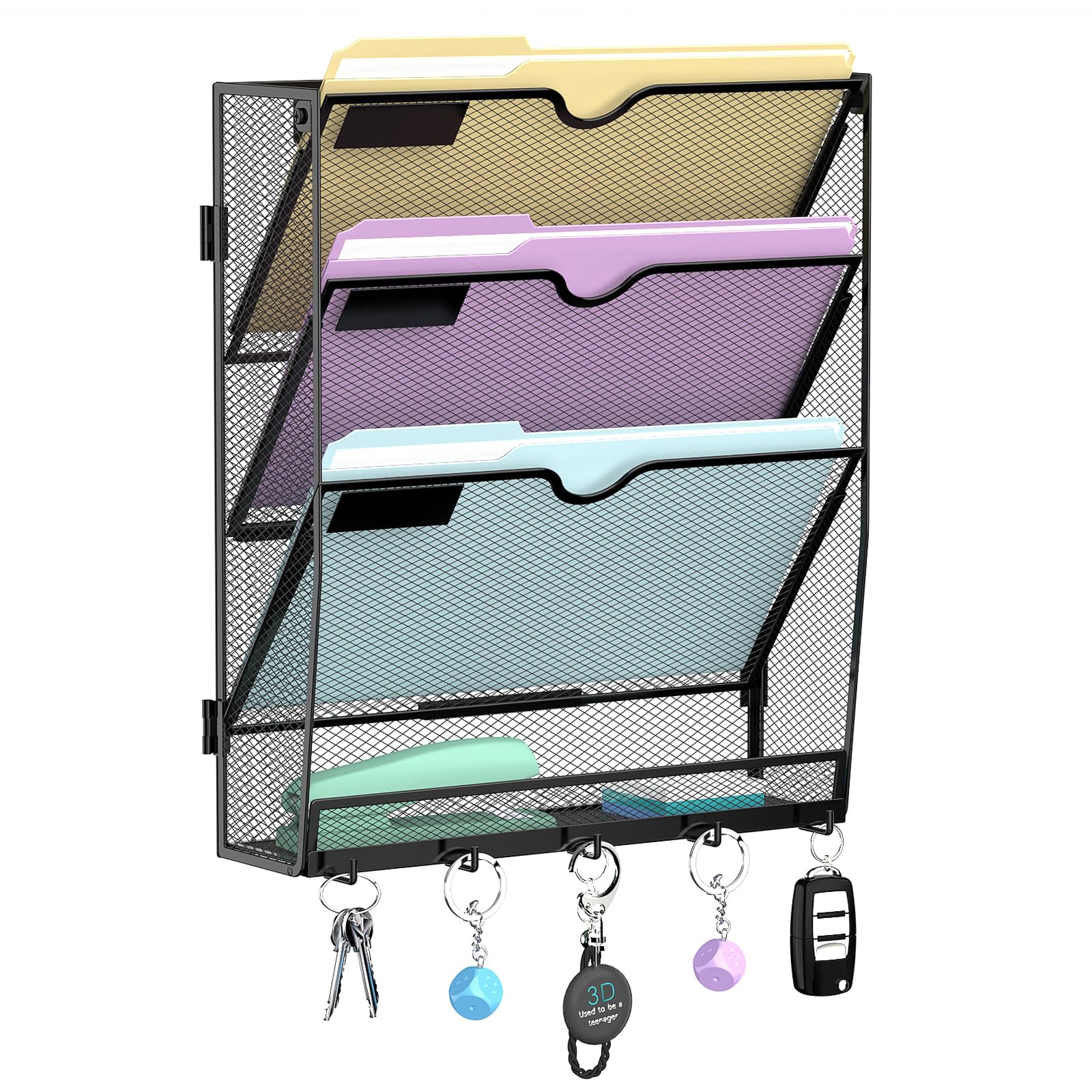 4 Tier Hanging Wall File Organizer with 5 Hooks, Mesh Wall File Holder Vertical Paper Organizer for Mail, Folders, Magazines, Bills, Office and School