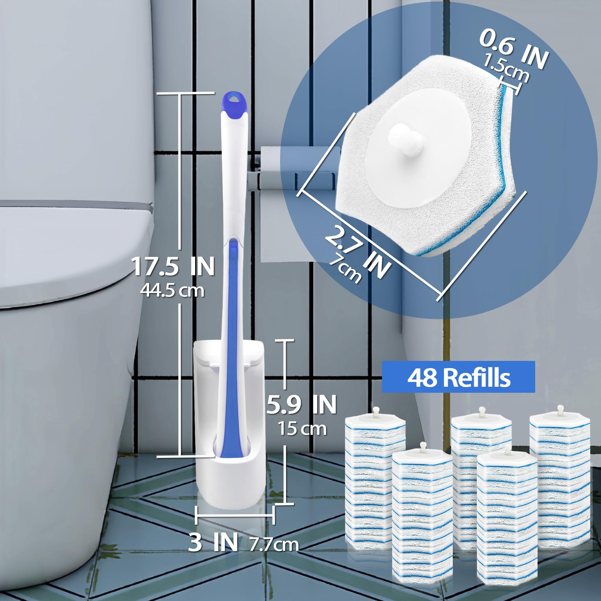 JEHONN Disposable Toilet Brush with 48PCS Wand Cleaner Refills, Wall Mounted Toilet Bowl Brush Holder Set, Bathroom Cleaning System for Sink Bathtub Wash Basin (Blue)