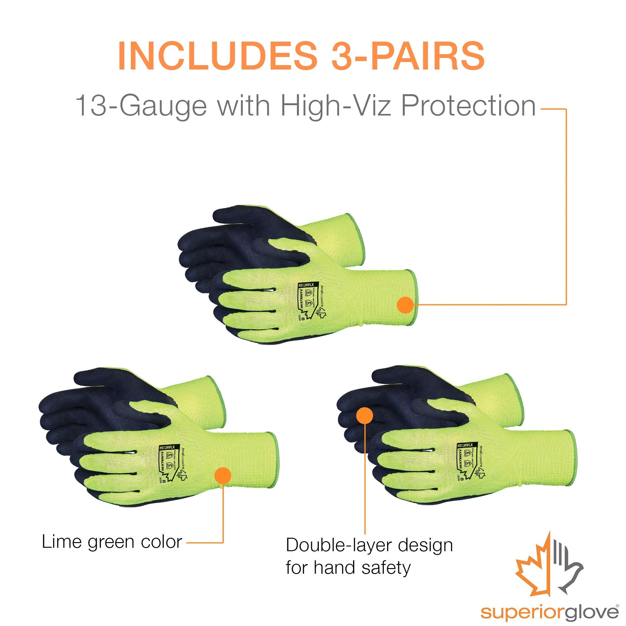 Superior Gardening Gloves 3-Pack for Landscaping and Yard Work - Rose Pruning Gloves with Moisture Wicking (High Visibility Color) S13HVL (Large)