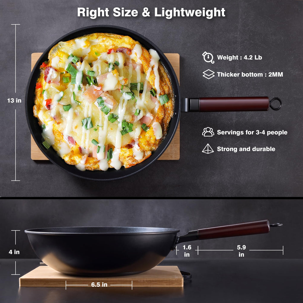 Teewe Carbon Steel Wok -13 Inch Woks & Stir-Fry Pans Nonstick, Wok Pan with Lid Spatula and Dish Brush: Pre-Seasoned Flat Bottom Chinese Wok for Induction, Electric, Gas, All Stoves