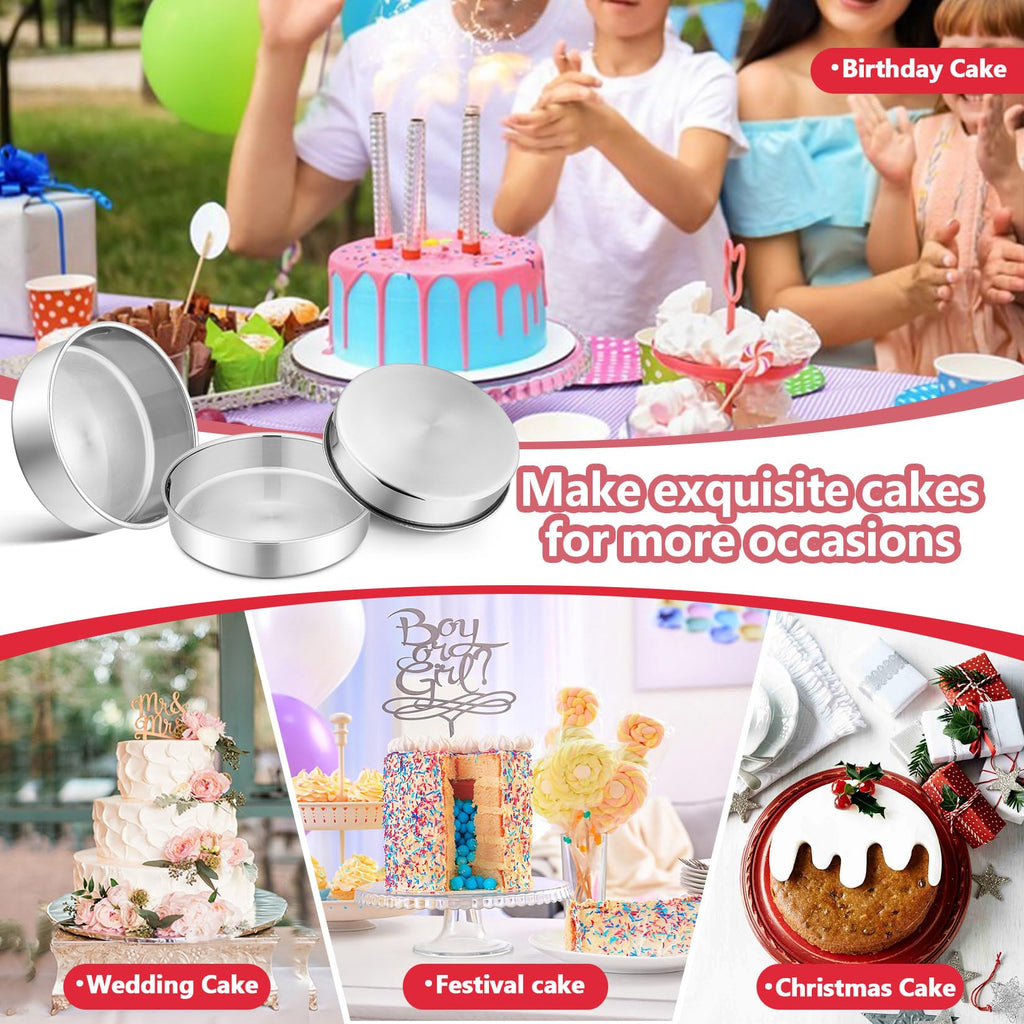P&P CHEF 8 Inch Cake Pan Set, 3 Pcs Round Baking Pans Stainless Steel Layer Birthday Wedding Cake Pans, Fit Oven/Pots/Pressure Cooker, Non Toxic & Heavy Duty, Dishwasher Safe