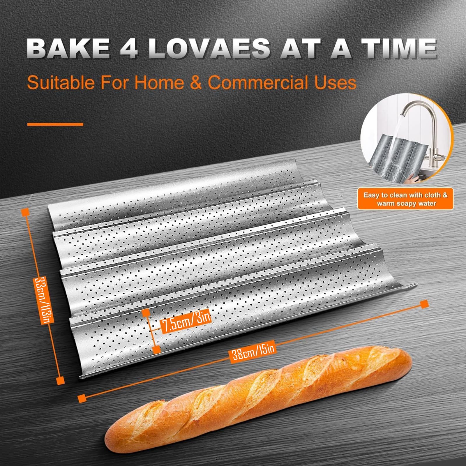 Feishiong French Baguette Bread Pan,with Professional Proofing Cloth, 15"X 13" Non-Stick French Bread pan, 4 Wave Loaves Loaf Baguette pan for Baking Toast Perforated Bakers Molding