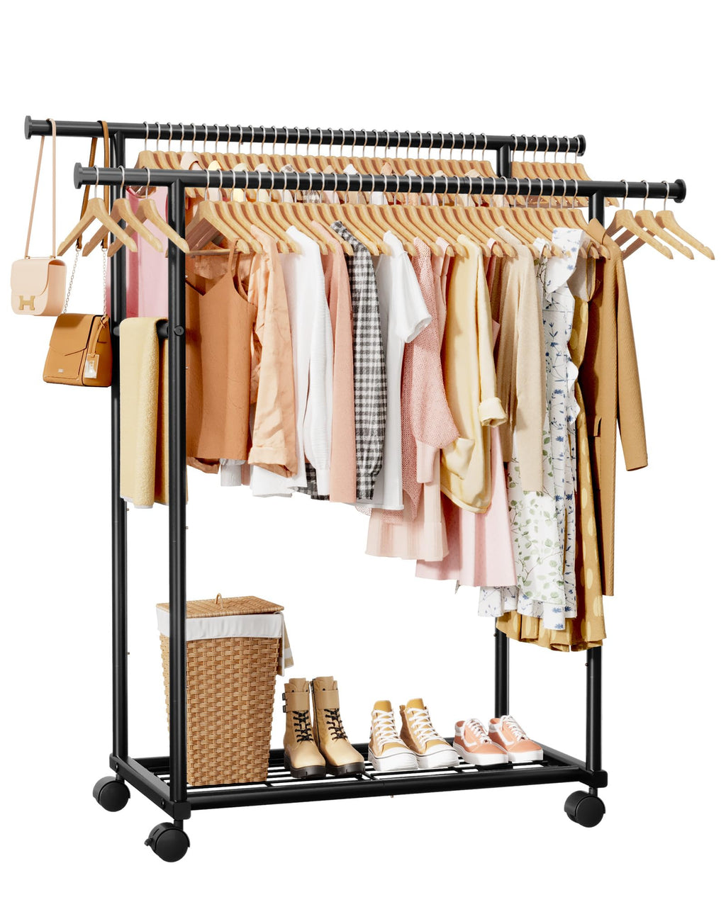 Sakugi Clothing Rack - Double Rod Coat Rack with Fixed Extension Bar, Built-In Mesh Shelf & Lockable Wheels, Multi-Purpose Clothes Rack for Bedroom, Laundry, Entryway, 98cm x 42cm x 150cm, Black