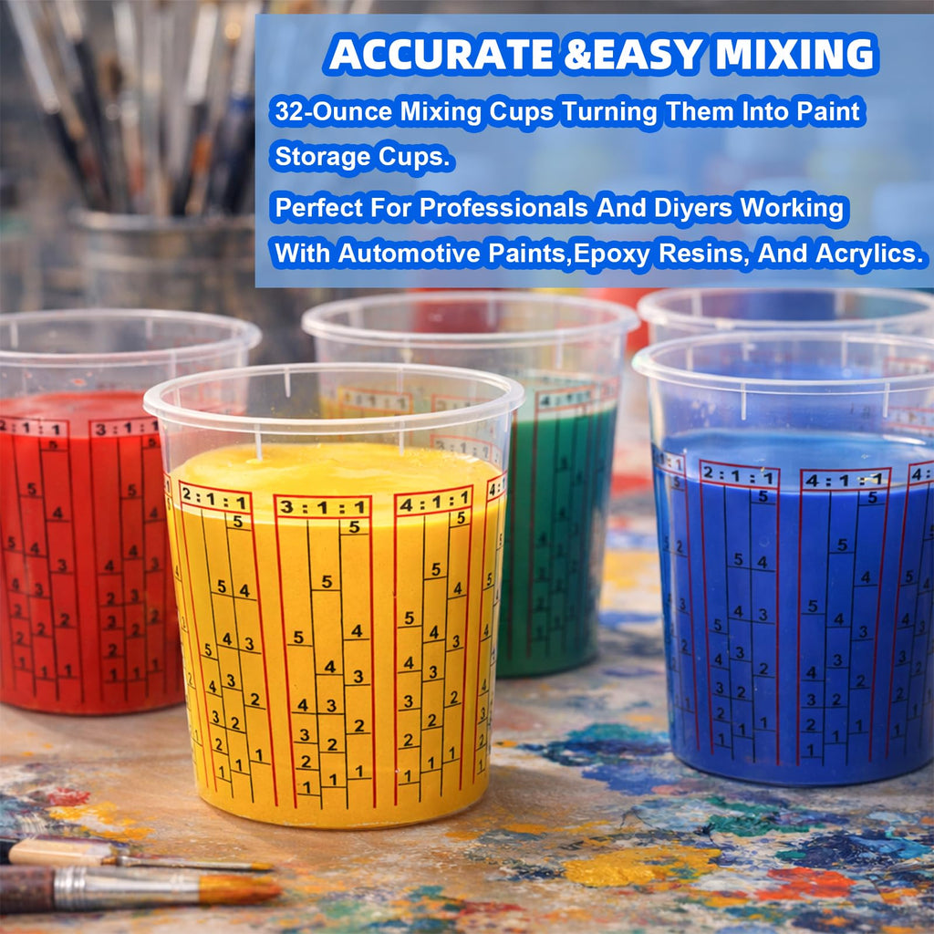 Yesland 30 Pack Paint Mix Cups with Lids, 32 Ounce Plastic Paint and Epoxy Mixing Cups with Calibrated Mixing Ratios on Side of Cup