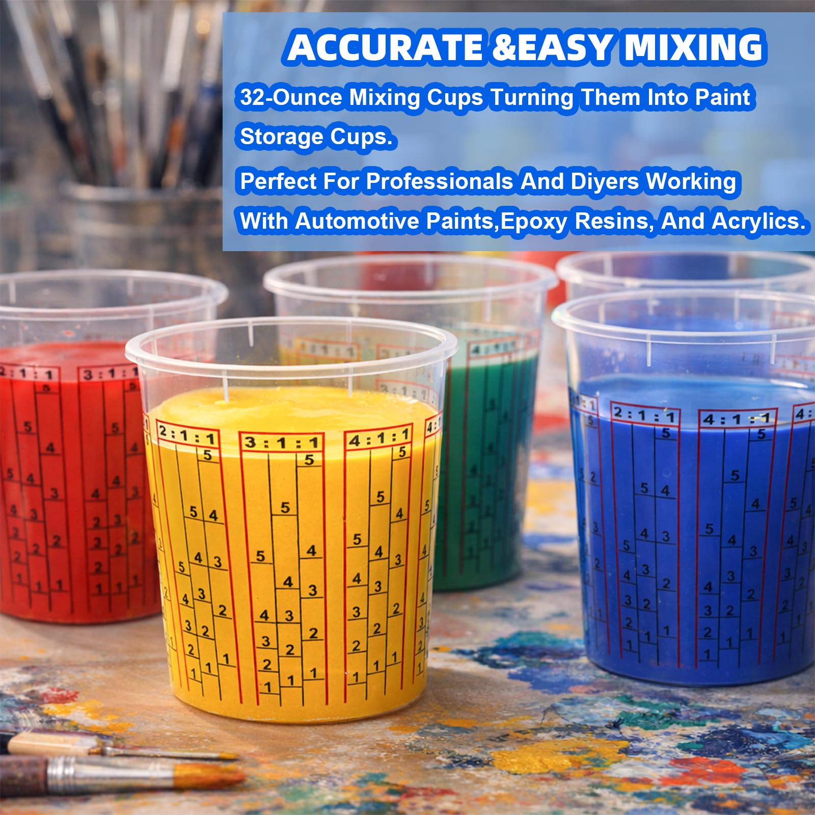 Yesland 30 Pack Paint Mix Cups with Lids, 32 Ounce Plastic Paint and Epoxy Mixing Cups with Calibrated Mixing Ratios on Side of Cup