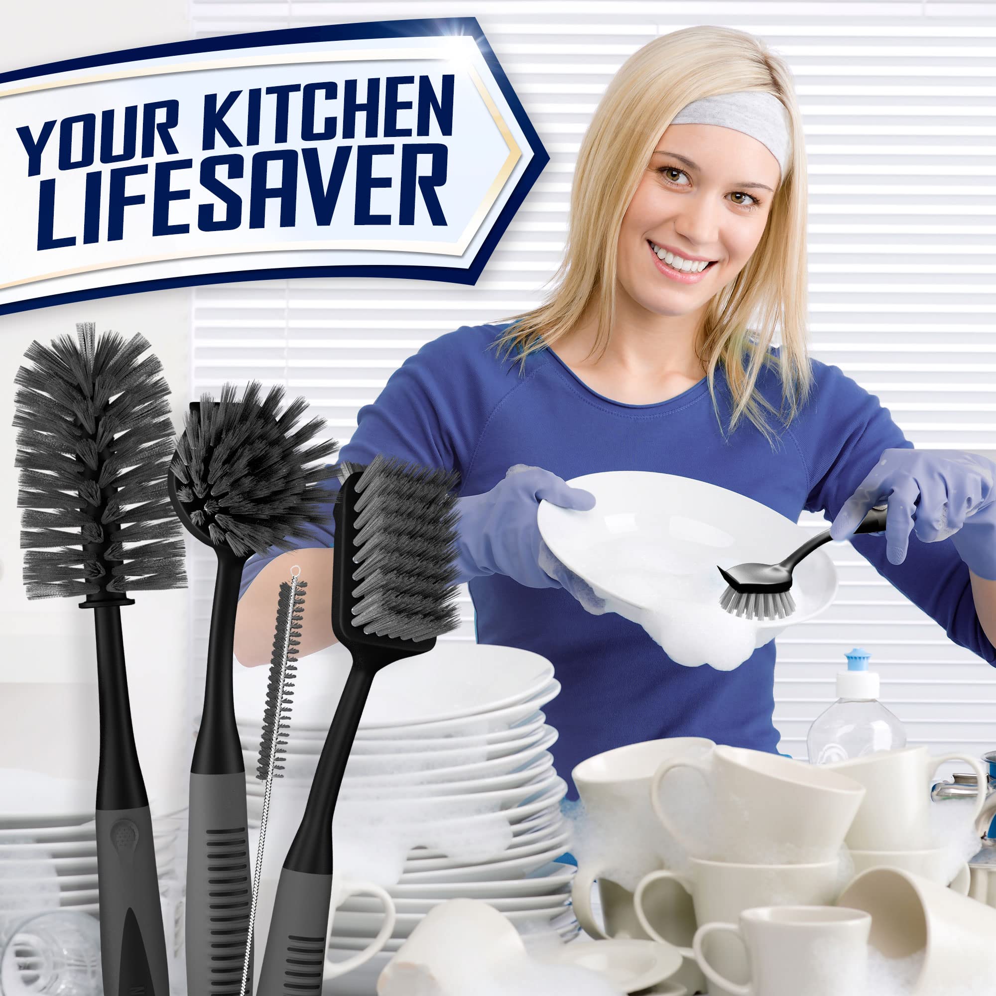 Dish Brush Set of 4 with Bottle Water Brush, Dish Scrub Brush, Scrubber Brush and Straw Brush - Kitchen Scrub Brushes Ergonomic Non Slip Long Handle for Cleaning Cleaner Wash Dish Sink Dishes Cup Pot