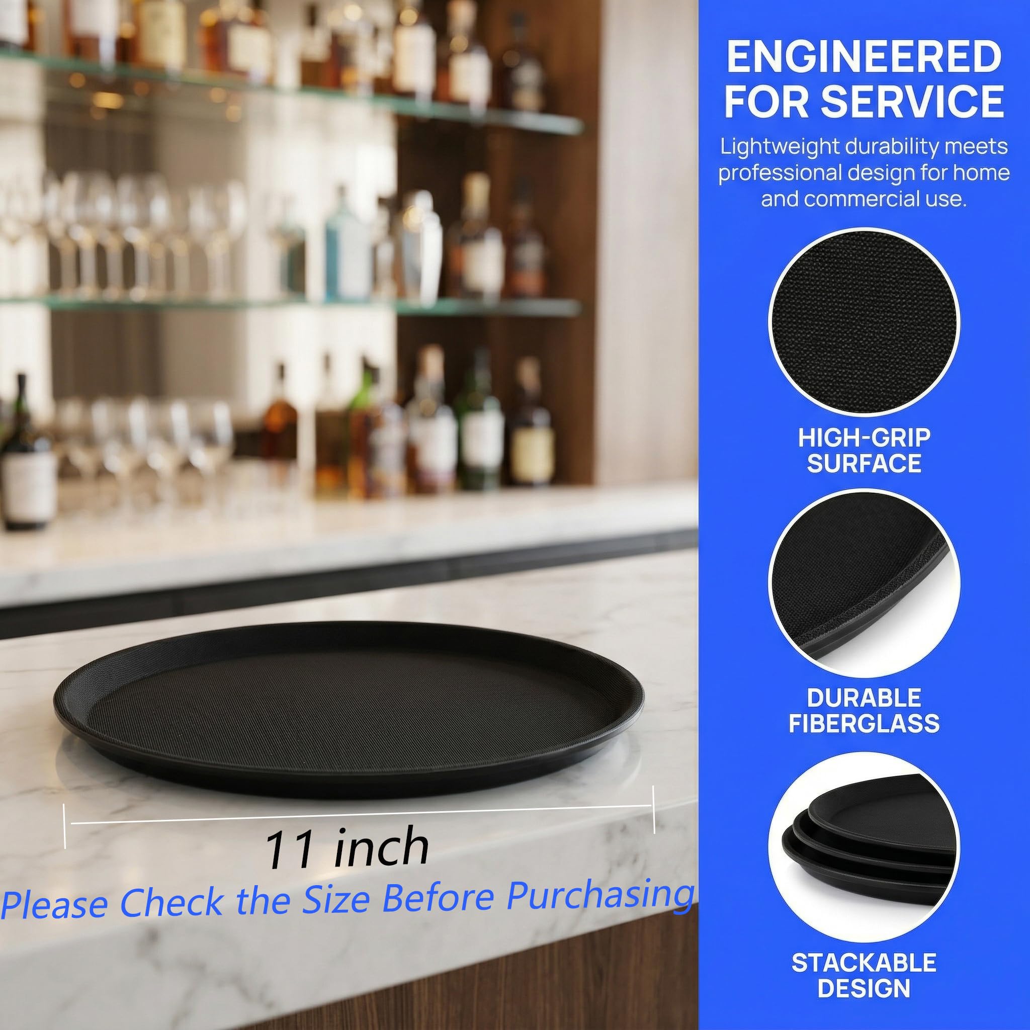 TOPZEA 3 Pack Restaurant Serving Trays, 11 Inch Fiberglass Black Round Tray Non Slip Food Service Platters Cocktail Beverage Server Tray for Restaurant, Bar, Buffet, Coffee Station, Catering Party