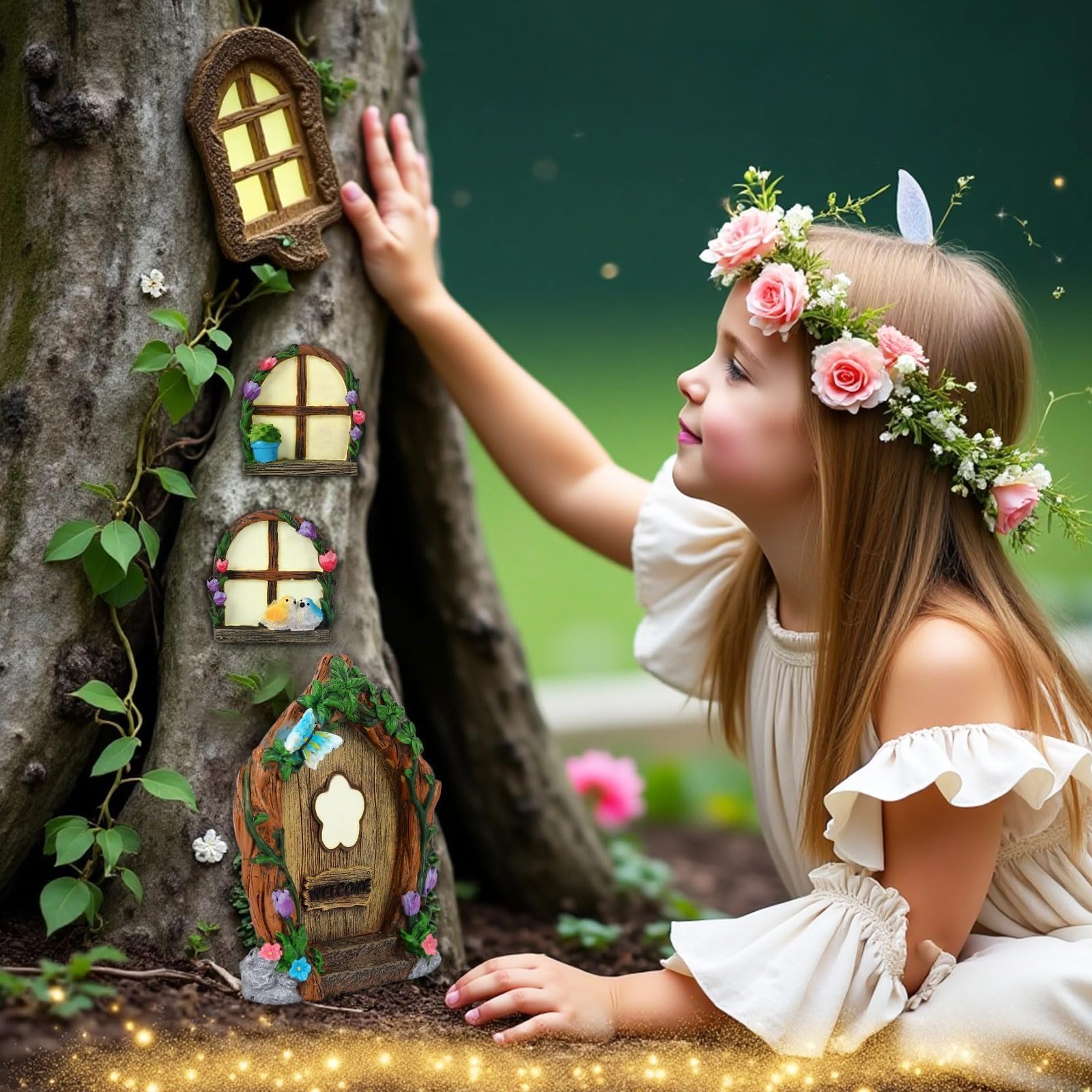 Augshy 4 Pcs Fairy Door Windows and Lantern for Trees Glow in The Dark, Fairy Doors for Trees Outdoor for Rooms Gnome Outdoor Courtyards Lawns Garden Decorations