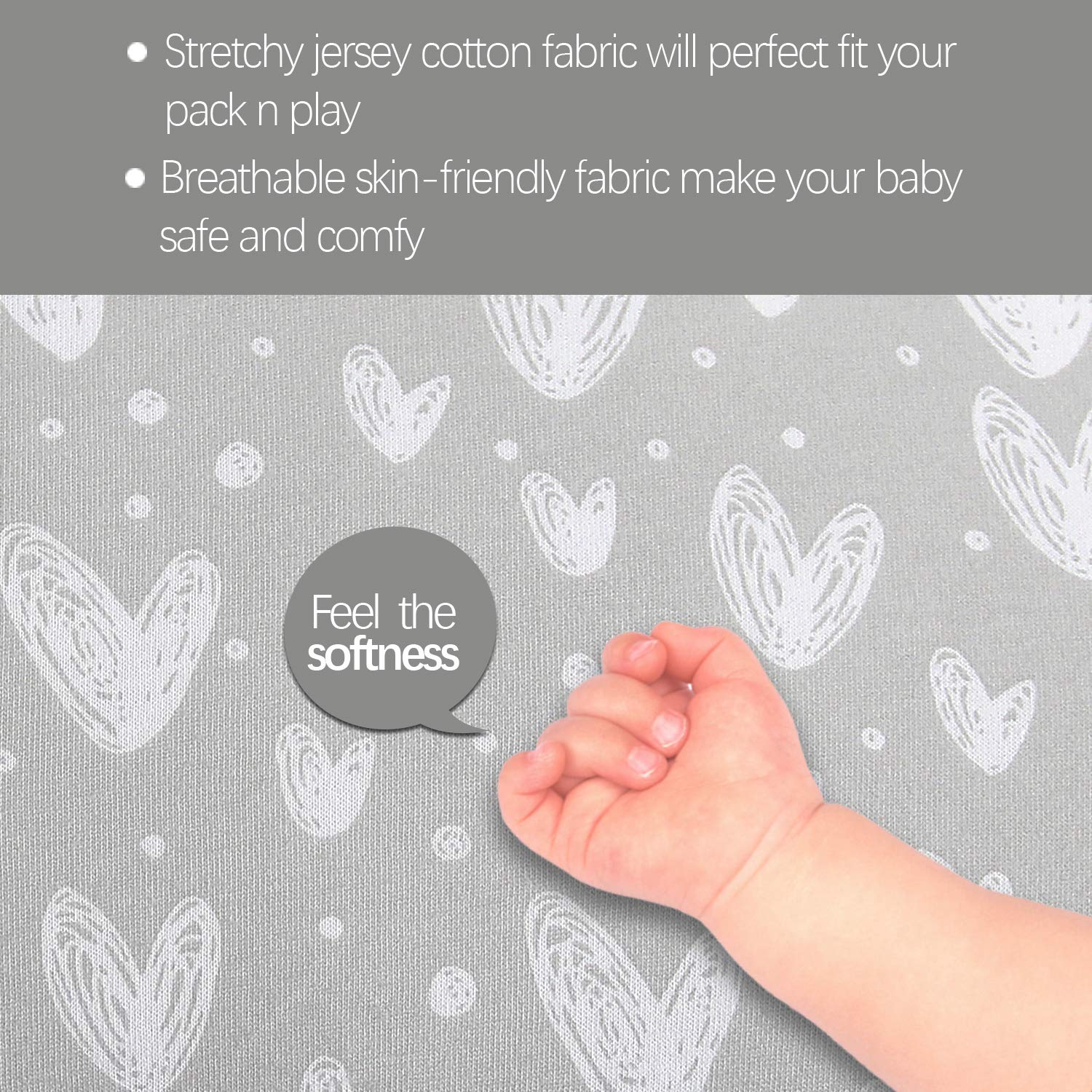 Biloban Pack and Play Sheets, 2 Pack, 100% Natural Cotton Jersey Knit Fitted for Pack and Play Playard, Soft Breathable, Preshrunk, Gray Stars