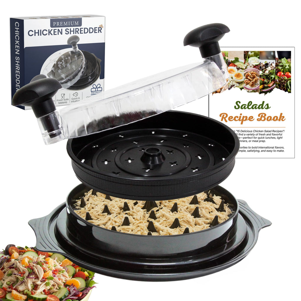 Chicken Shredder Large with Bonus: Free Salad Recipe Book – Chicken Shredder Tool with Middle Plate for Easier Use – BPA-Free and Dishwasher Safe, Ergonomic Handle, Razor-Sharp Teeth, Non-Slip Base
