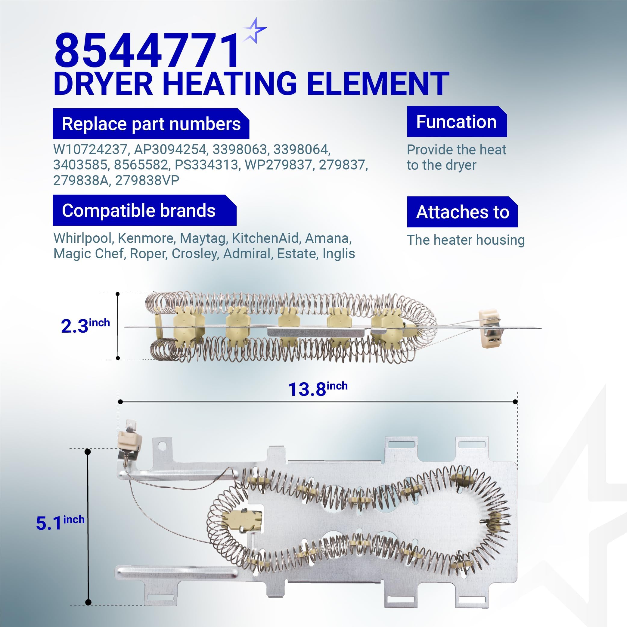 8544771 Dryer Heating Element, 279973 3392519 Thermal Fuse and 279816 Thermostat Dryer Kit Replacement by Blue Stars – Exact Fit For Whirlpool Kenmore Maytag and More