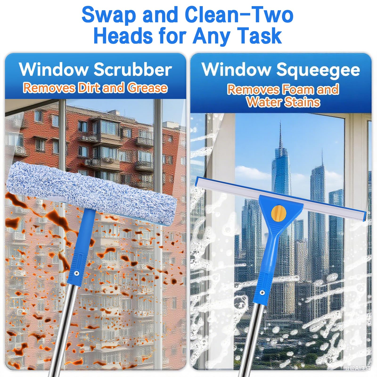 12.5Ft (3.8M) Telescopic Window Cleaner Kit - Extendable Pole, 37cm Scrubber(3X Replaceable Sleeves), Squeegee(35cm *2 & 25cm *1). Perfect Cleaning Equipment for High Windows, Shower Glass, Car, RV