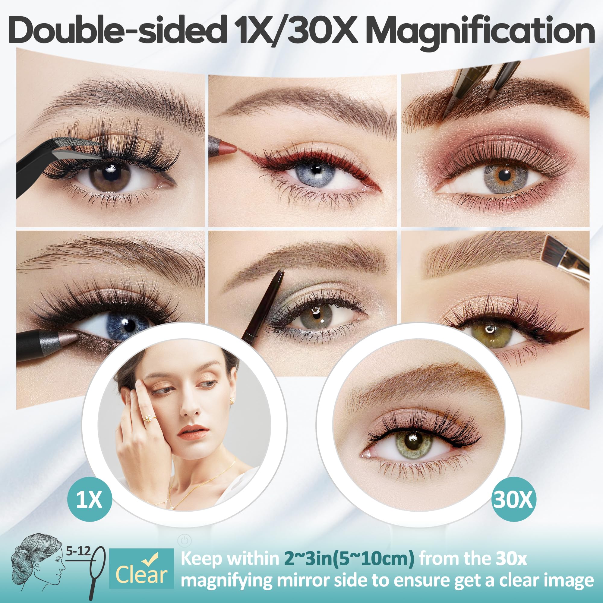 Magnifying Mirror with Light 30X, Double-Sided 1X/ 30X Magnifying Makeup Mirror with Tweezer, 2000mAh 3 Colour Modes with Adjustable Brightness, Foldable Compact Travel Mirror
