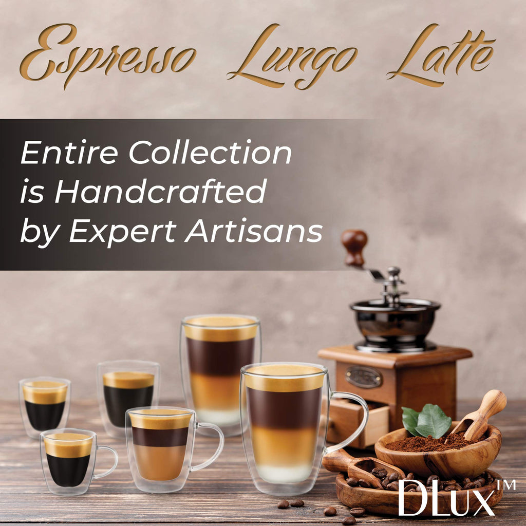 DLux Espresso Coffee Cups 80ml, Double Wall, Clear Glass Set of 4 3oz Glasses with Handles, Insulated Borosilicate Glassware Tea Cup