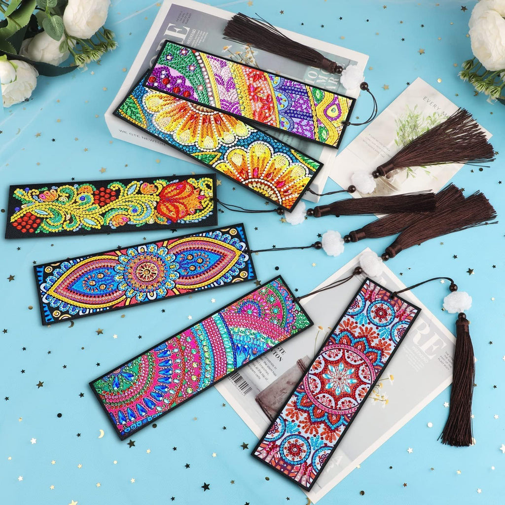 EEEKit 6 PCS DIY Diamonds Painting Bookmarks, Book Mark Diamond Art Kits for Adult Crafts, Floral Tassel Leather Diamond Drawing Page Bookmark for Book Lovers