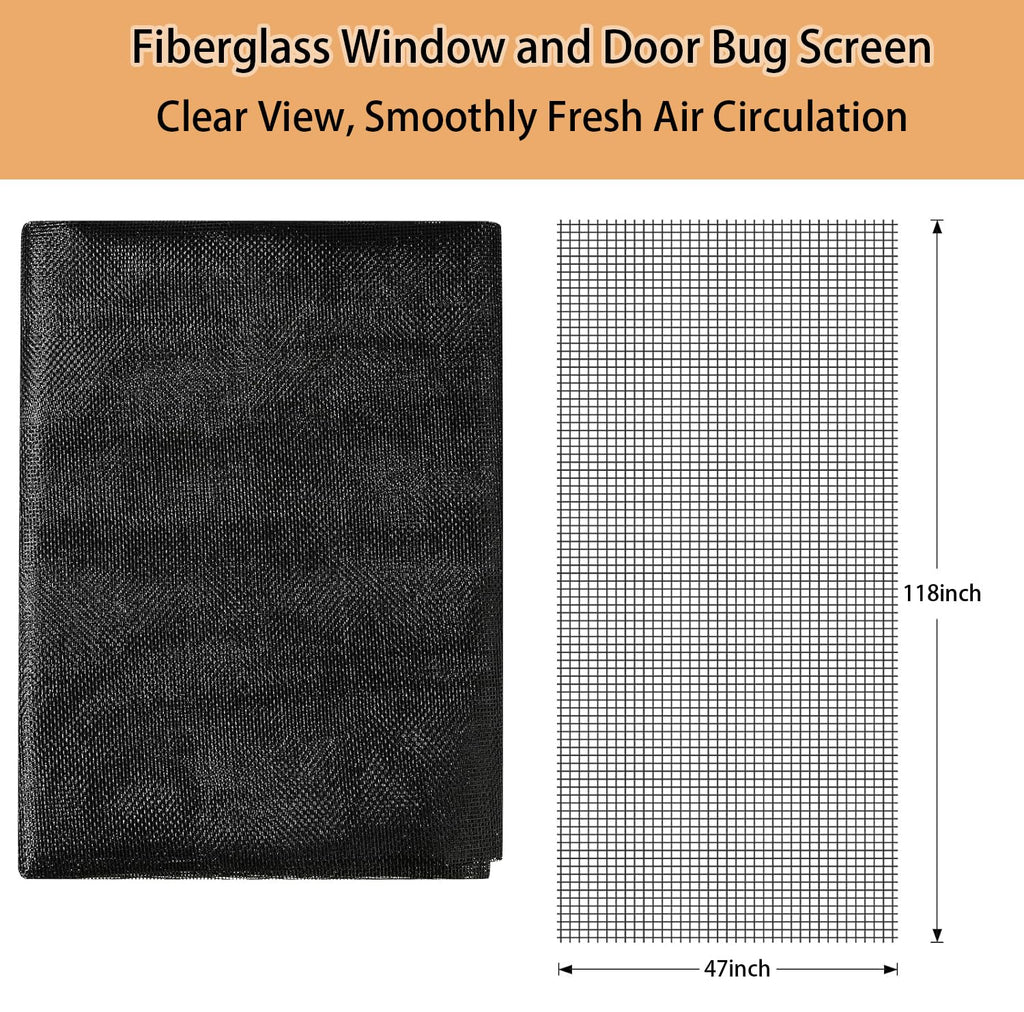 Screen Door Repair Kit Replaceable, 47" x118" Window Screen Repair Kit,Fiberglass Screen Door Mesh with 64ft Spline/Hook/Rolling Tool for Patio Door, Sliding Screen Door Pet Door (120x300cm, Black)
