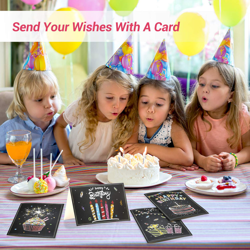 Ohuhu Assorted Happy Birthday Cards, 48 Pack Black Folded Cards for Kids’ Birthdays, Blank Inside Greeting Note Cards w/White Envelopes and Stickers, 4x6 inch, Birthday Party Invitation DIY Cardstock