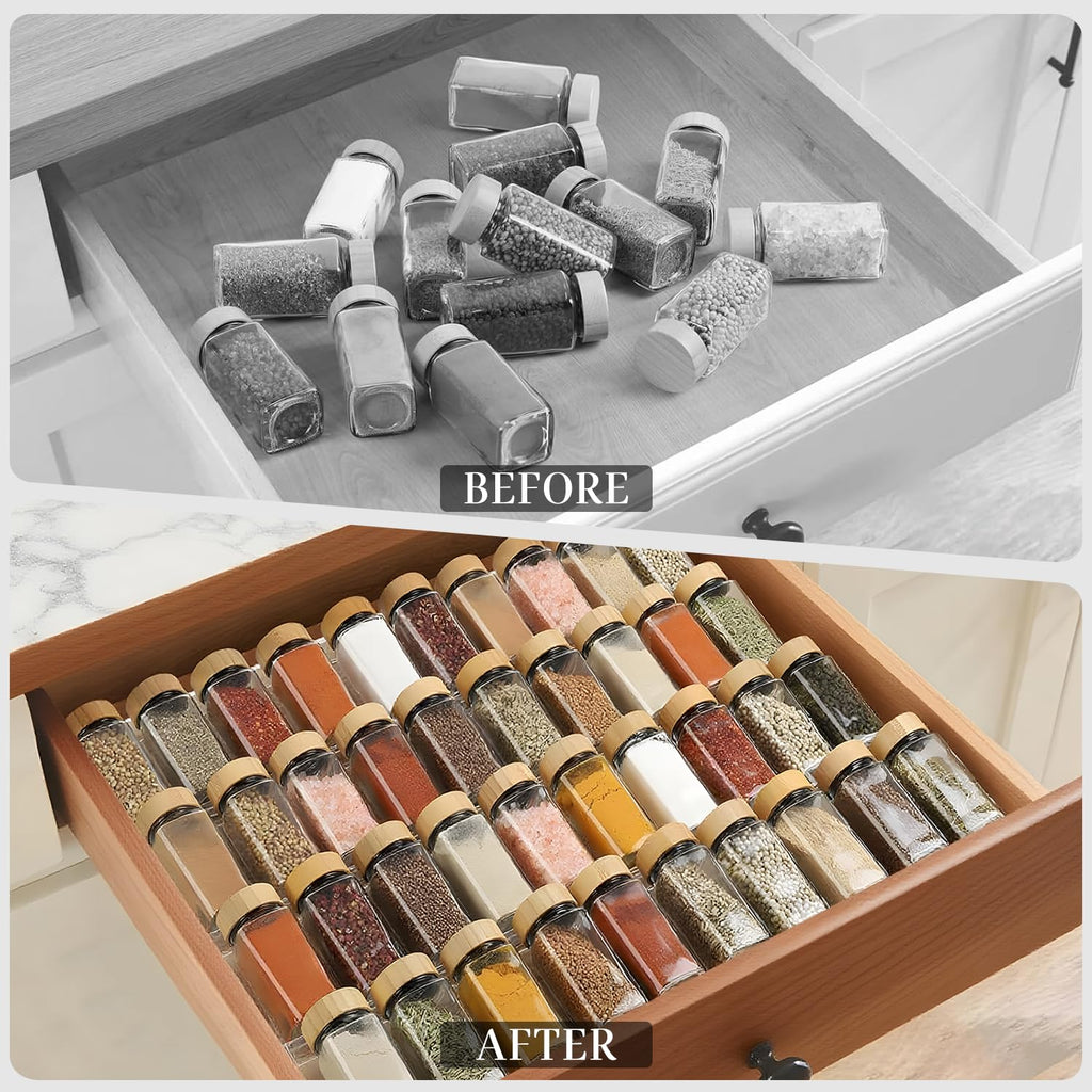 4 Tier Spice Drawer Organizer, Clear Acrylic Seasoning Organizer Rack, Spice Rack Tray for Cabinet/Countertop, Kitchen Seasoning Jars Drawers Insert (Jars Not Included/Expandable From 9" to 18")