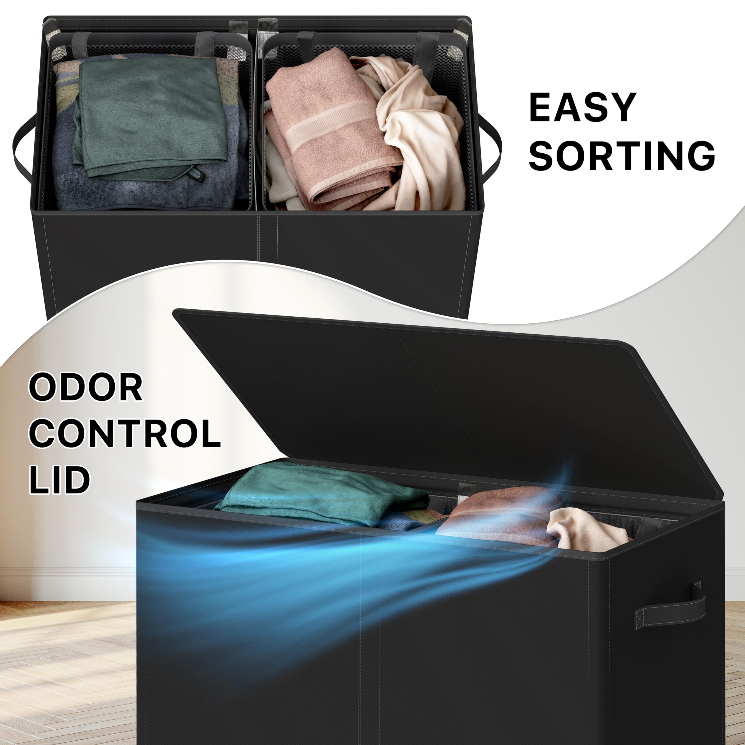 Simple Houseware 110L Double Laundry Hamper with Lid Removable Laundry Bags and Foldable Basket, Black