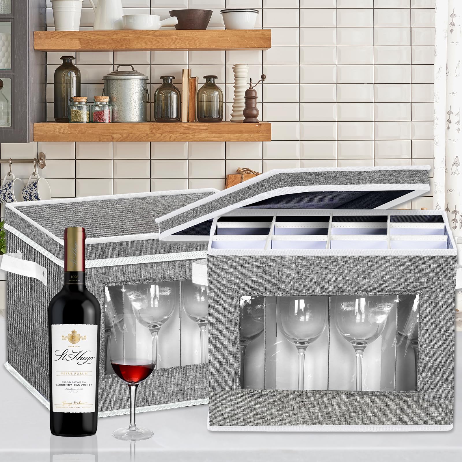 2 Pack Stemware Storage Cases, Wine Glass Storage Box with Dividers, China Crystal Glass Storage Containers Organizer for 24 Glassware Moving and Protection (Grey)