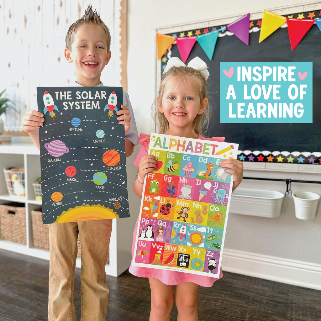 Hadley Designs 16 Educational Posters for Classroom & Kindergarten, Kindergarten Classroom Must Haves, Laminated PreK Learning Chart Materials US & World Map, ABC Alphabet, Shapes, Days of the Week