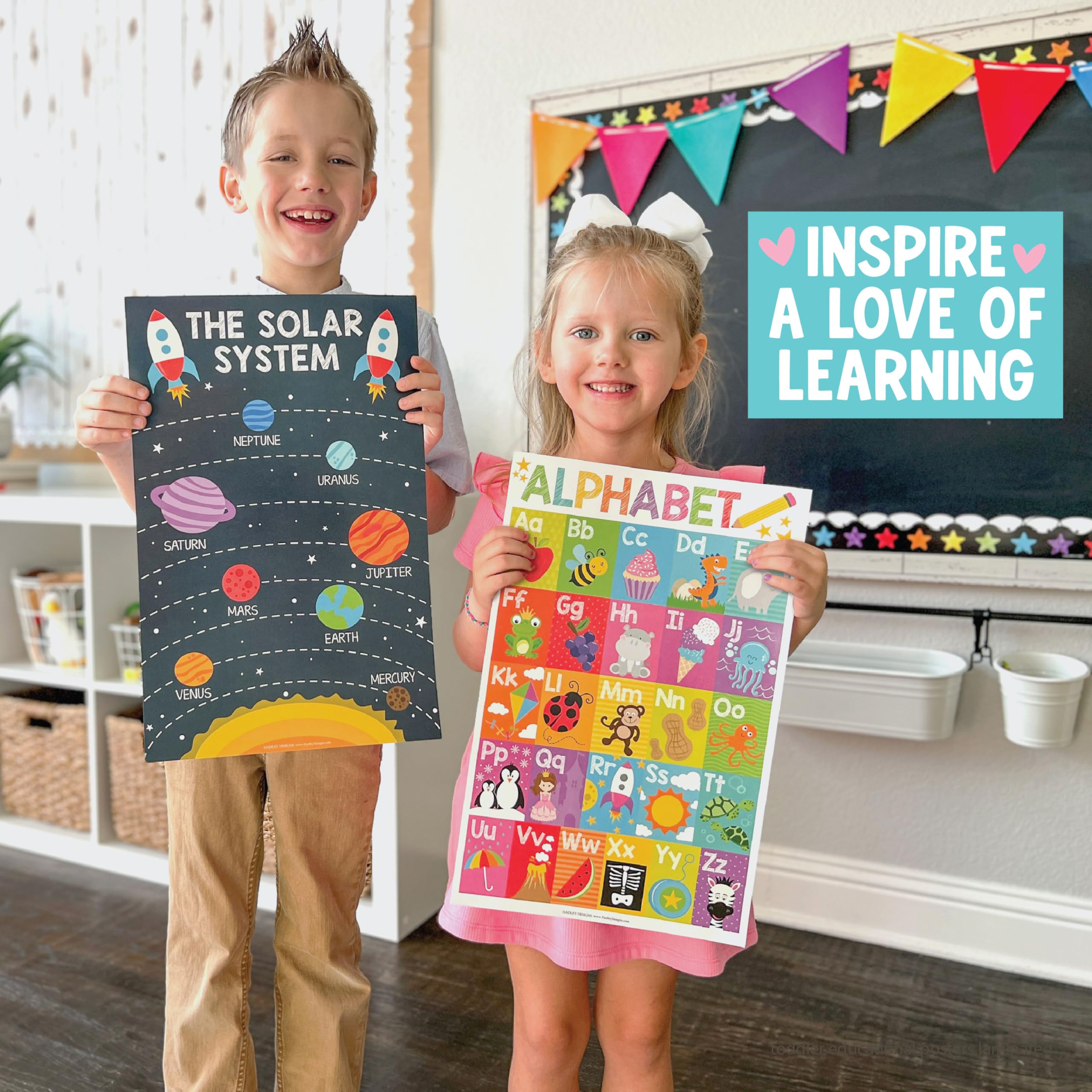 Hadley Designs 16 Educational Posters for Classroom & Kindergarten, Kindergarten Classroom Must Haves, Laminated PreK Learning Chart Materials US & World Map, ABC Alphabet, Shapes, Days of the Week