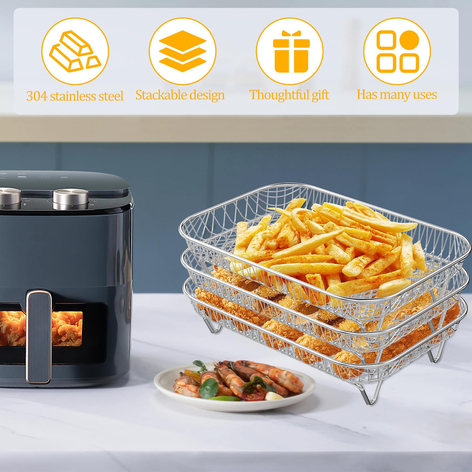 Abizarch Air Fryer Accessories Rack for Ninja Basket, 3 Layers, 304 Stainless Steel Stacking Bacon Racks for Ninja AF300UK, Salter/Instant/EMtronics Double Drawer, with Clip and 8 Silicone Feet