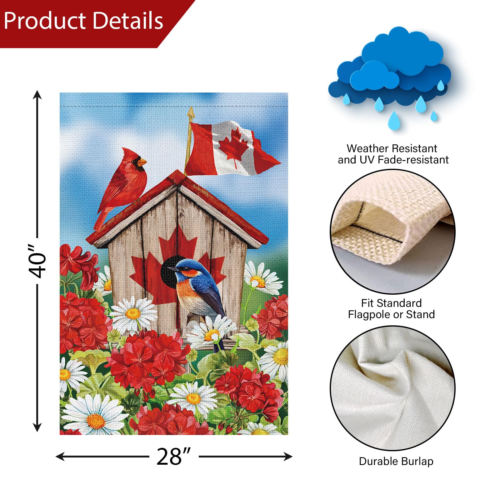 Louise Maelys Canada Day Garden Flag 28x40 Double Sided, Burlap Small Patriotic Bird House Floral Welcome Patriotic Canadian Outside Outdoor Yard Porch Lawn Decor (Only Flag)