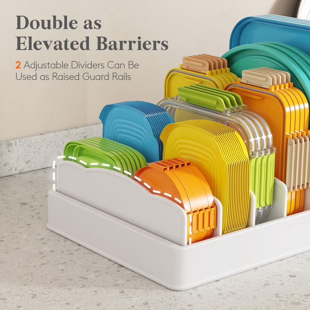 Lifewit Plastic Lid Organizers for Inside Cabinet, Food Storage Container Lids Holder with 5 Inserts & 6 Adjustable Sections, Plates, Bowls Storage for Deep Drawer in Kitchen, 13" x 10"